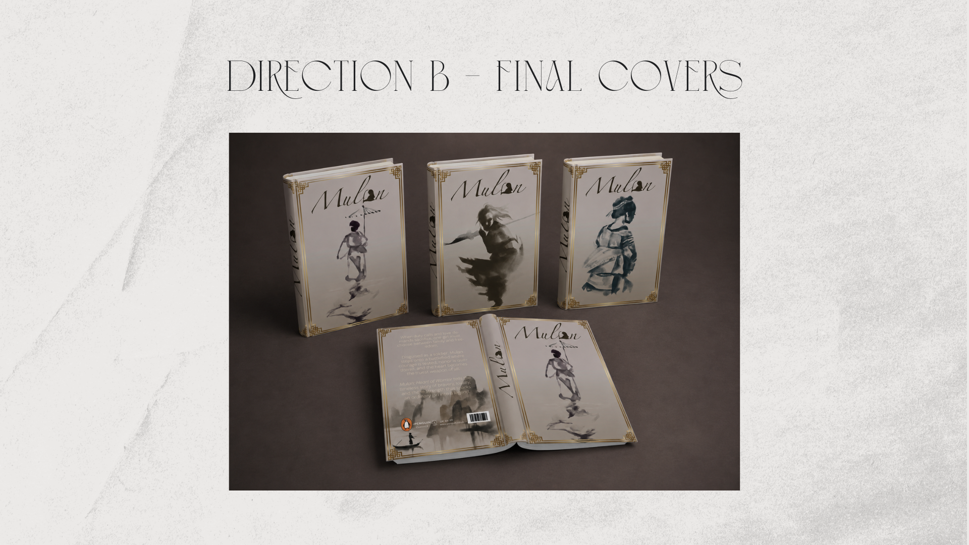 Direction A final Mulan book covers — ink-wash mockup with gold frames and open back cover