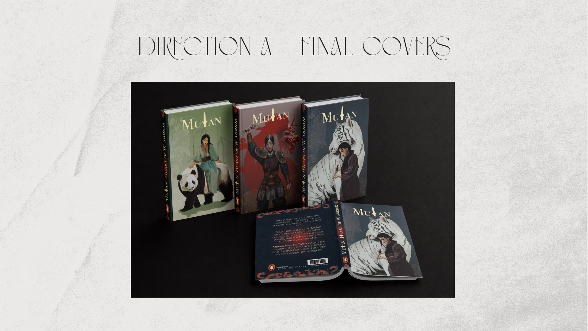 Direction A final Mulan book covers — physical book mockup with open back cover