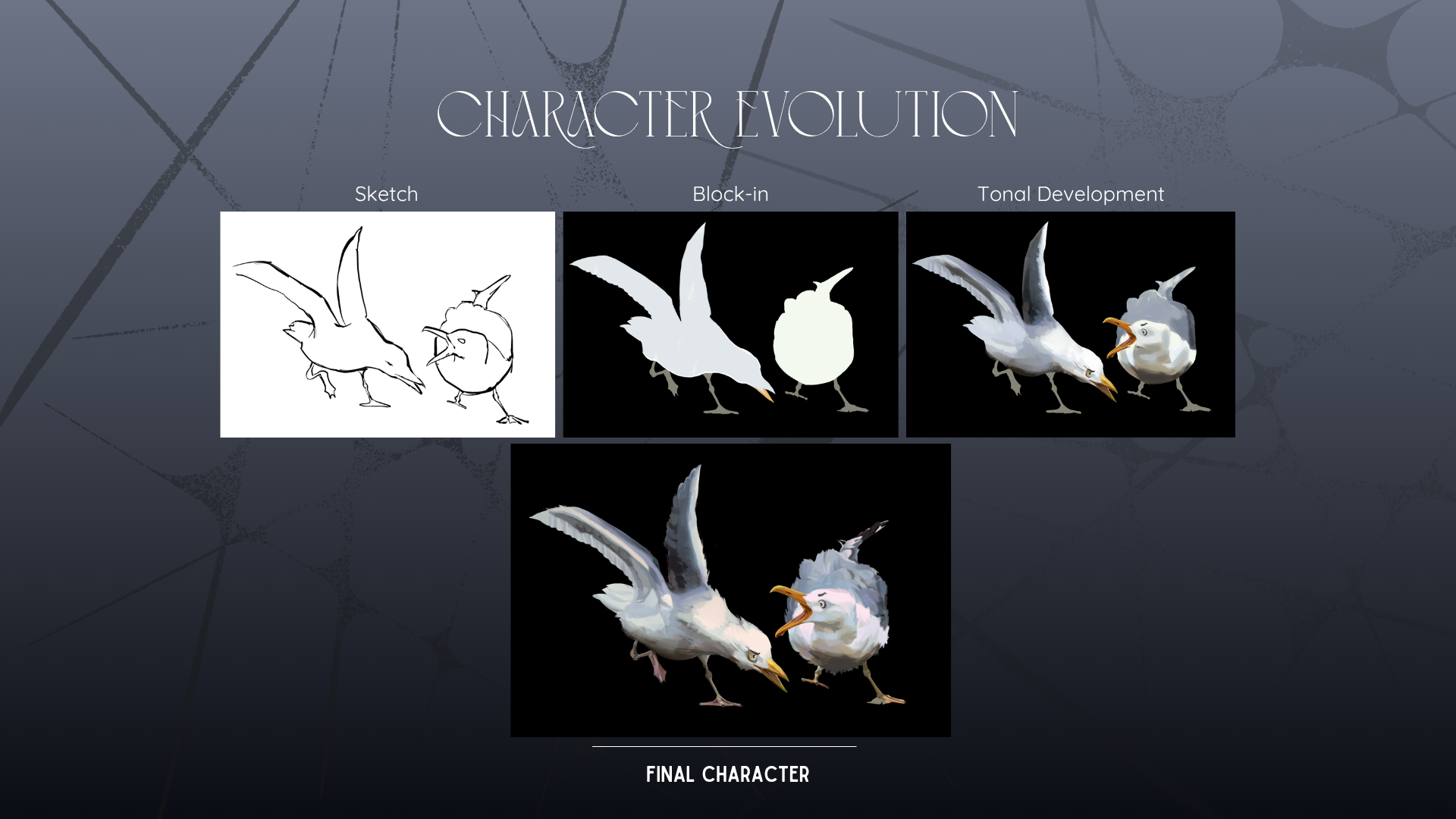 Character evolution — seagull character development for Environmental Awareness Poster Series