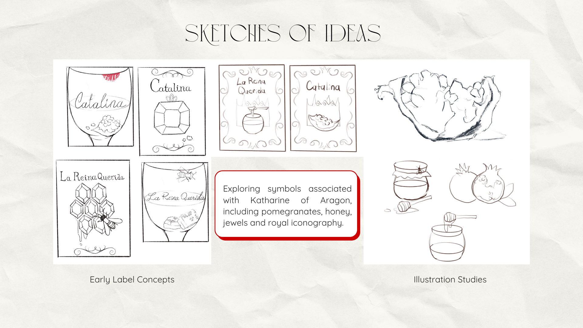 Sketches of ideas for Katharine of Aragon mead label design