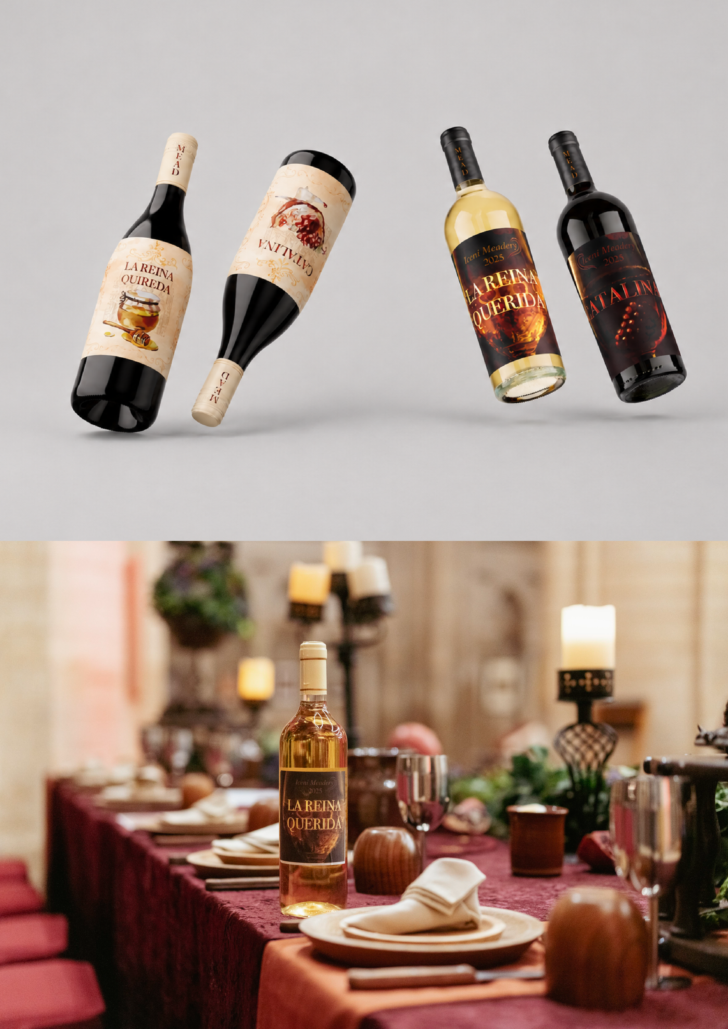 Katharine of Aragon mead label concepts and banquet setting